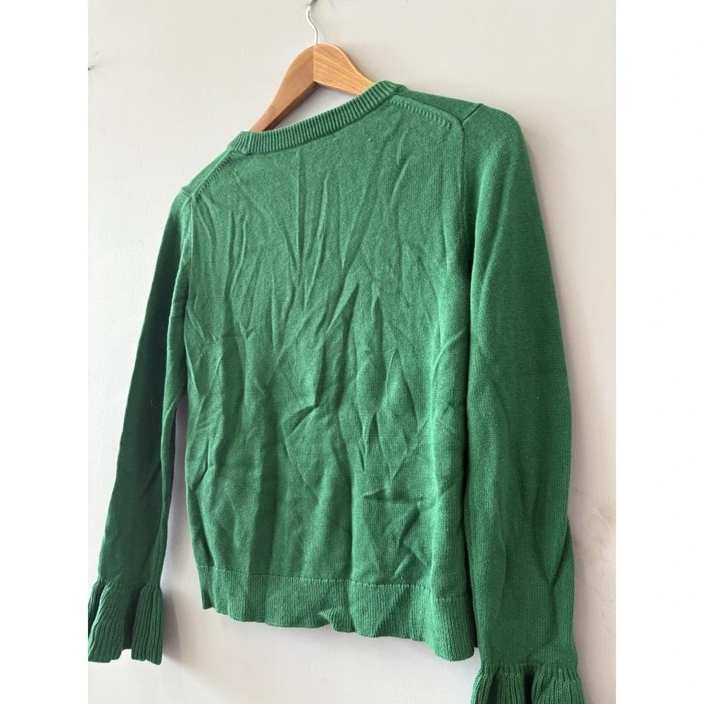 J Crew Sweater Womens XS Green Ruffle Bell Sleeve Crewneck Lightweight Knit